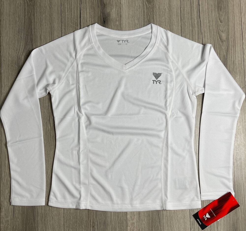 Tyr Womens Long Sleeve V-Neck Tee Tshirt - Textured White - Size Small - $40